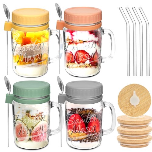 ANOTION Overnight Oats Containers with Lids and Spoons - 16 oz Mason Jars with Handle Set of 4 - Airtight Glass Meal Prep Containers for Oats Overnight, Yogurt Oatmeal Cereal Pudding Cups with Lids
