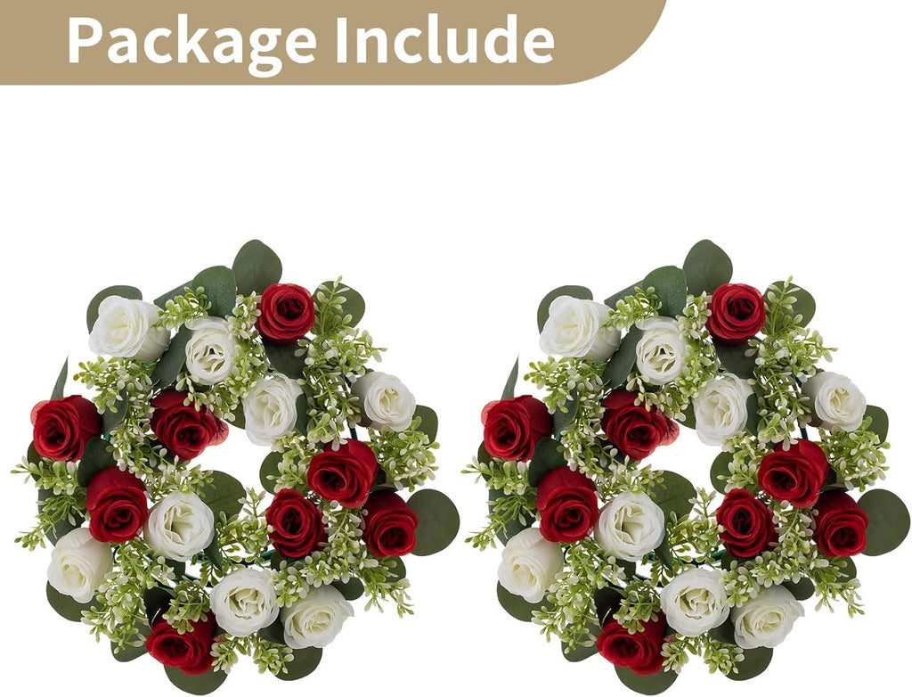 NUPTIO Candle Rings | 13.4 Inch Crimson & White Flower Rose Wreaths for Weddings & Christmas Decor - 2 Pcs