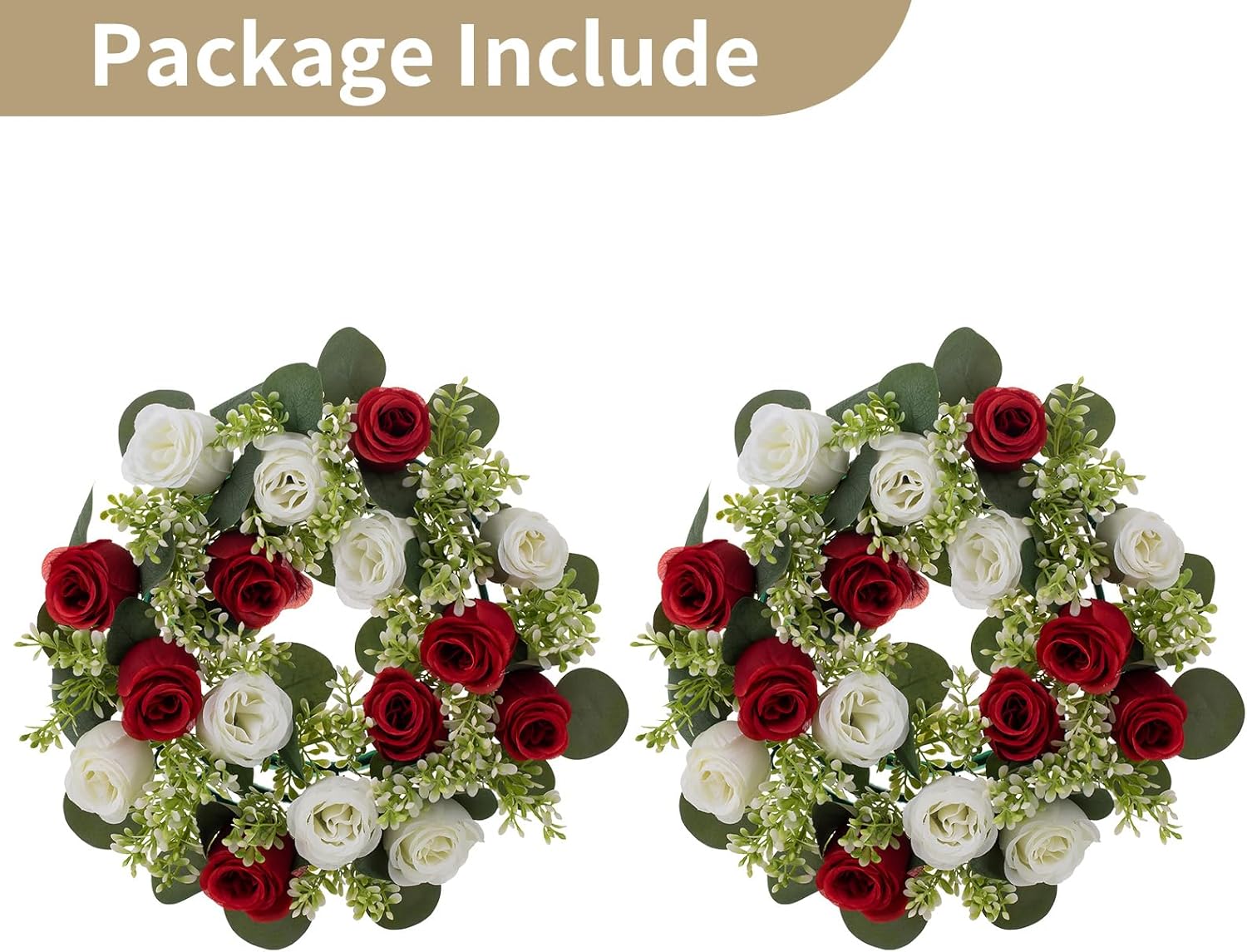 NUPTIO Candle Rings | 13.4 Inch Crimson & White Flower Rose Wreaths for Weddings & Christmas Decor - 2 Pcs