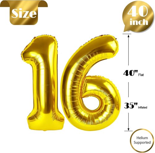 Gold Number 16 Balloon - 40 Inch Golden Birthday Decoration for 16th Party | Perfect for Girls & Boys