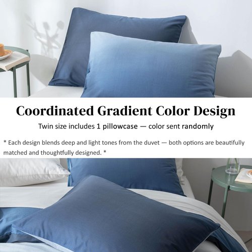 100% Cotton Duvet Cover Twin Size - Reversible Ocean Blue Duvet Cover Set with Button Closure, Gradient Navy Blue Bedding Set 2 Pcs, 1 Duvet Cover 68"x90" with 4 Corner Ties and 1 Pillow Sham 20"x26"