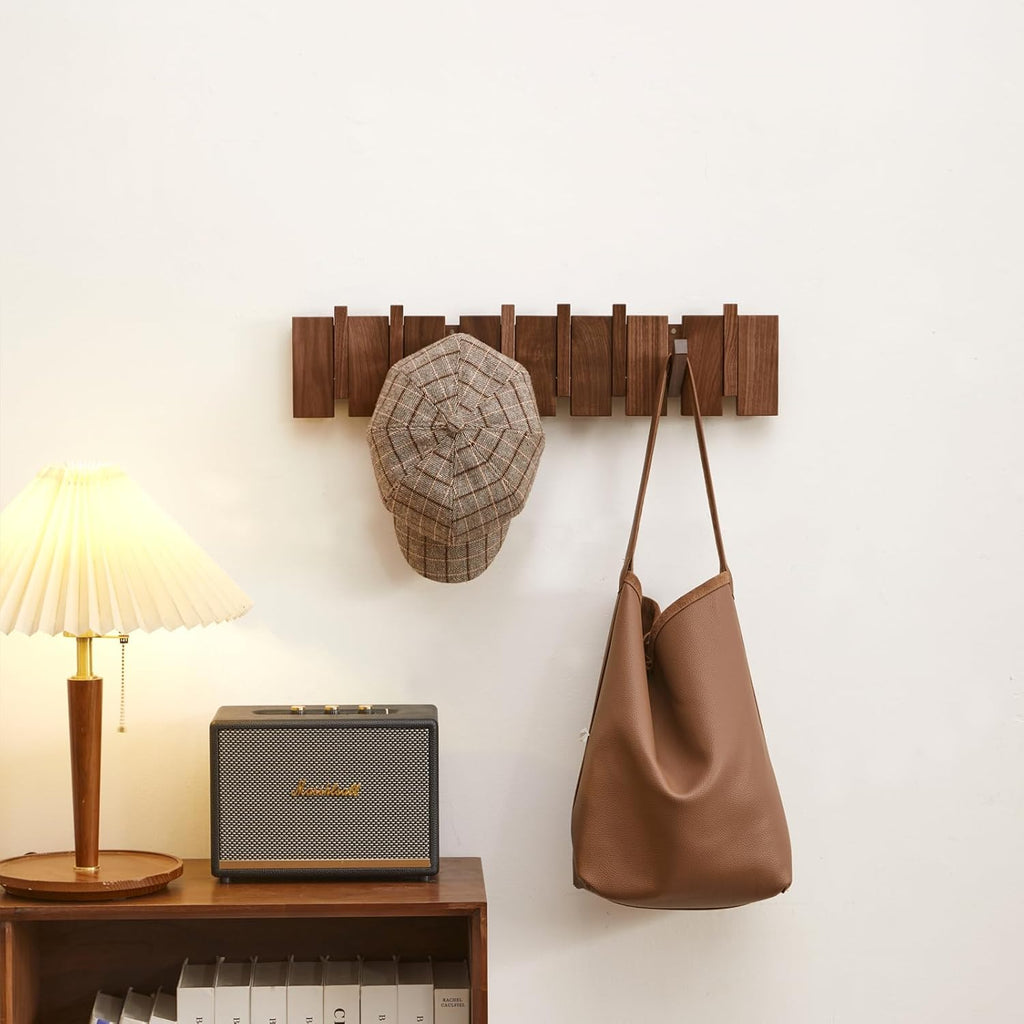 Quellance Wood Coat Rack - Heavy Duty Wall-Mounted Hanger with 8 Hooks - Walnut Finish for Coats, Keys & More