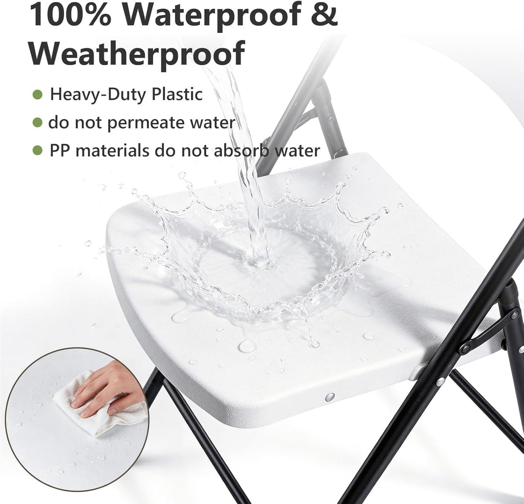 Plastic Folding Chairs 4 Pack - Sturdy Metal Outdoor Seating | Heavy Duty 350 lbs Capacity, White