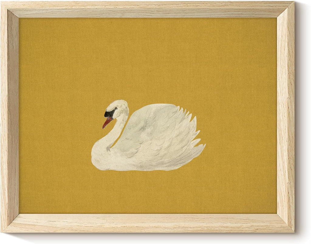 VIYYIEA Minimalist White Swan Wall Art - Modern Mustard Yellow Canvas Print, 11x14 Inch Natural Wood Frame