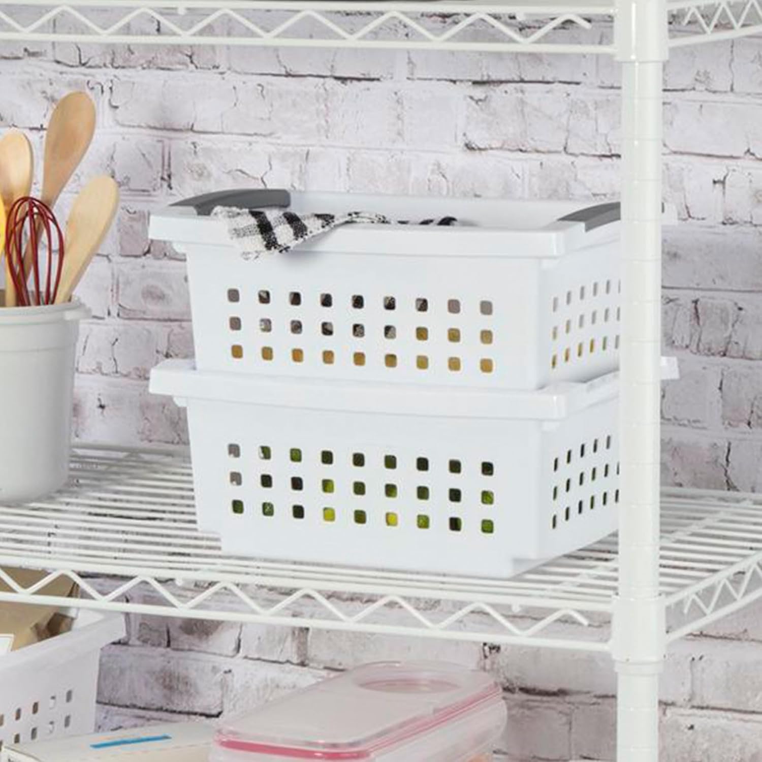 Sterilite Small Plastic Stacking Storage Baskets - Comfort Grip Handles | 8 Pack, White for Home Organization