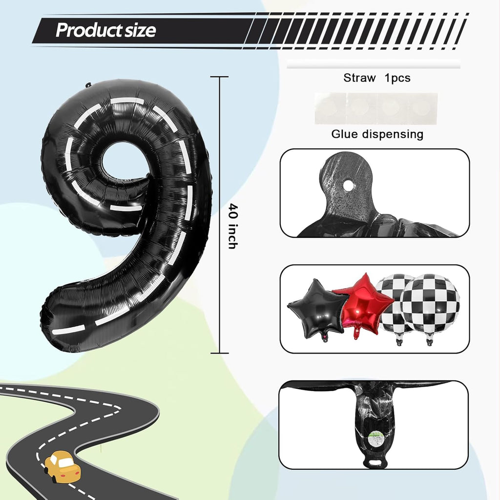 Race Car 9 Balloons - 40 Inch Checkered Flag Number 9 Balloon for Boys' 9th Birthday Party Supplies