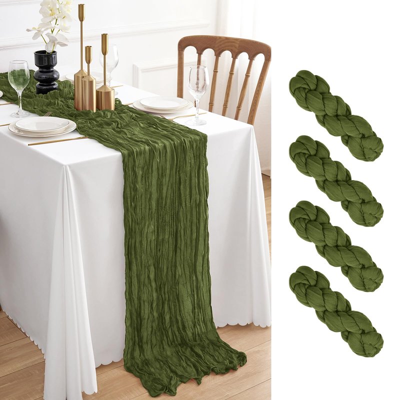 JEZID 4 Pack Olive Green Cheesecloth Table Runner 10FT Boho Rustic Gauze Cheesecloth 120 inch Cheese Cloth Runner for Wedding Bridal Baby Shower Party Home Decoration