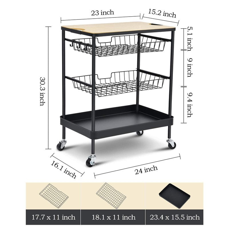 TOOLF Kitchen Island Serving Cart with Utility Wood Tabletop, 4-Tier Rolling Storage Cart with 2 Basket Drawers, Kitchen Cart with Wheels for Home, Dining Room, Bar, Restaurant, Hotel