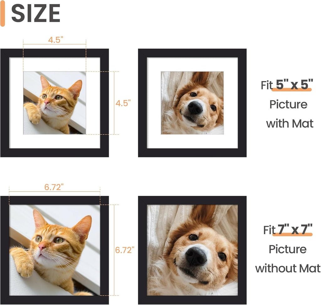 Upsimples 7x7 Picture Frame - Display 5x5 Photos with Mat or 7x7 Without - Black, 1 Pack