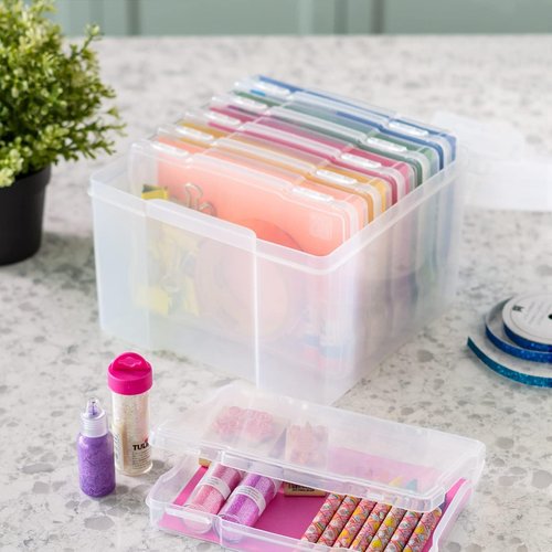 IRIS USA Photo Organizers - 5" x 7" Storage Box with Handle & 6 Inner Cases for Stickers, Ephemera, & Flashcards - Clear