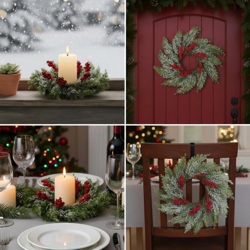 Cinnvoice Christmas Candle Rings - 8 Pcs Artificial Garland with Red Berries for Table Decor | Cypress