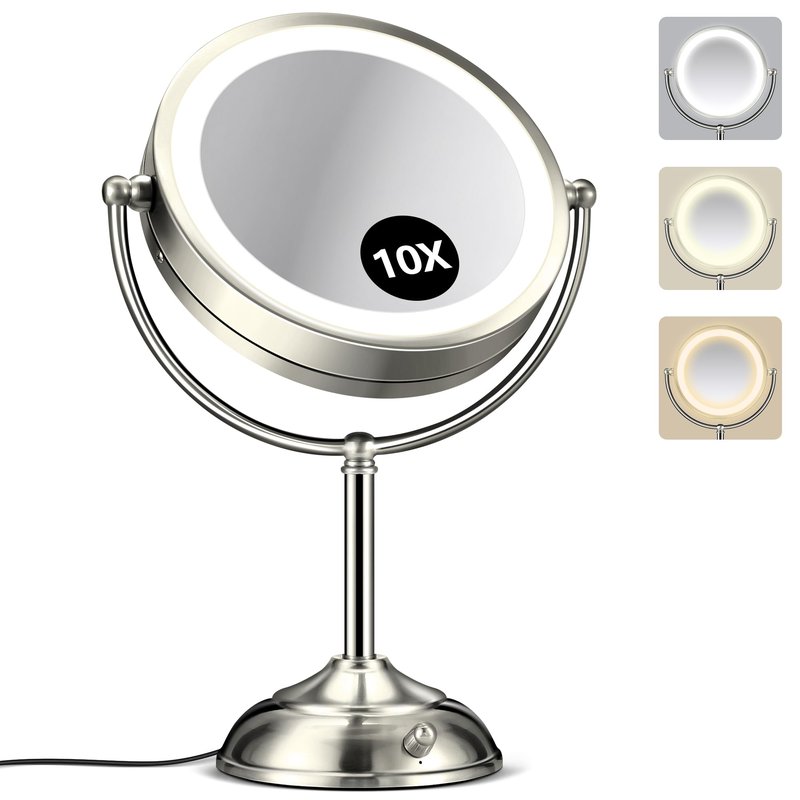 10X Magnifying Mirror with Light, Rechargeable 9" Lighted makeup mirror with magnification, 3 Color Modes, Adjustable Brightness, No Assembly Required, 360° Rotation Cosmetic Mirror, Pearl Nickel