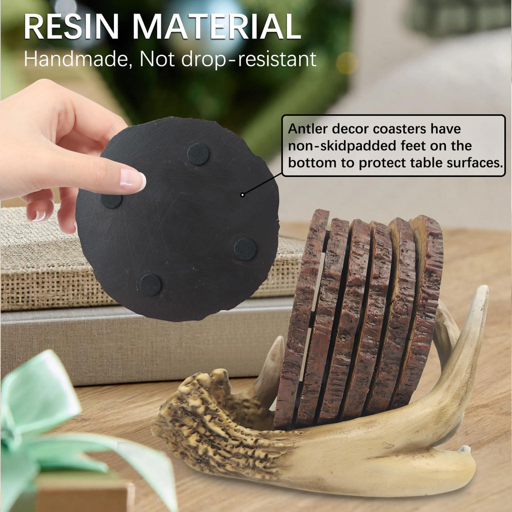 Deer Antler Western Coasters Set of 6 - Rustic Cabin & Hunting Decor, Handmade Resin Coaster with Anti-Scratch Bottom for Coffee Table, Deer Decor for Home