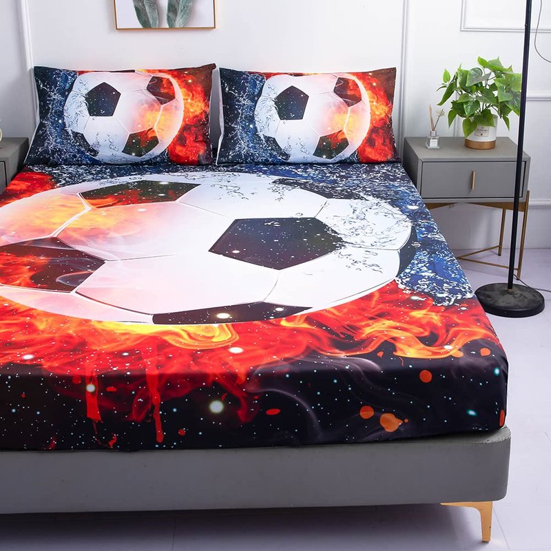 Roscloud Sports Soccer Ball Sheet Sets Twin Size - 2PC Ice Flame Galaxy Soccer Ball Boys Fitted Sheets（Fitted Sheet1 Pillowcases1）