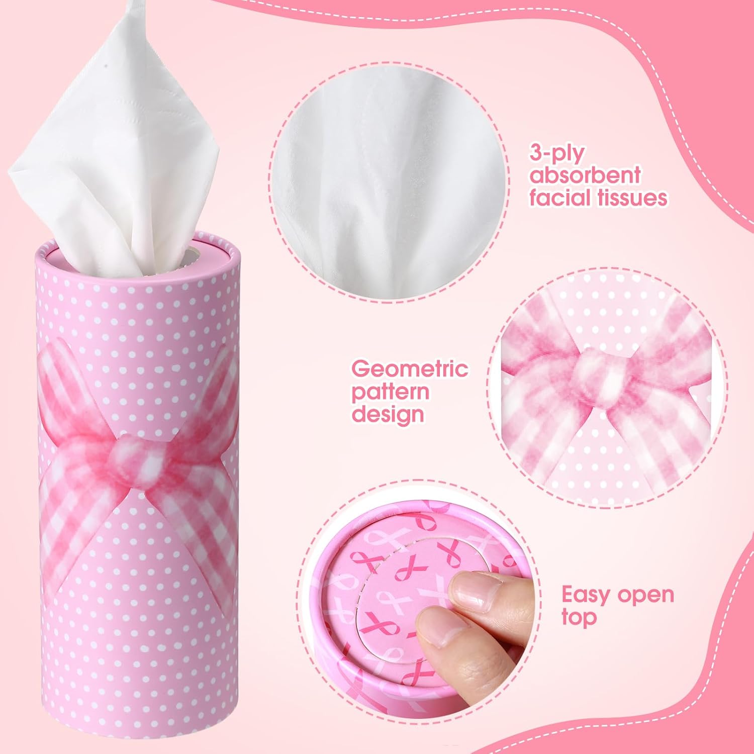 Outus 12 Pcs Bow Car Tissue Holders - Stylish Pink Ribbon Design | 3-Ply Facial Tissues for Travel & Events