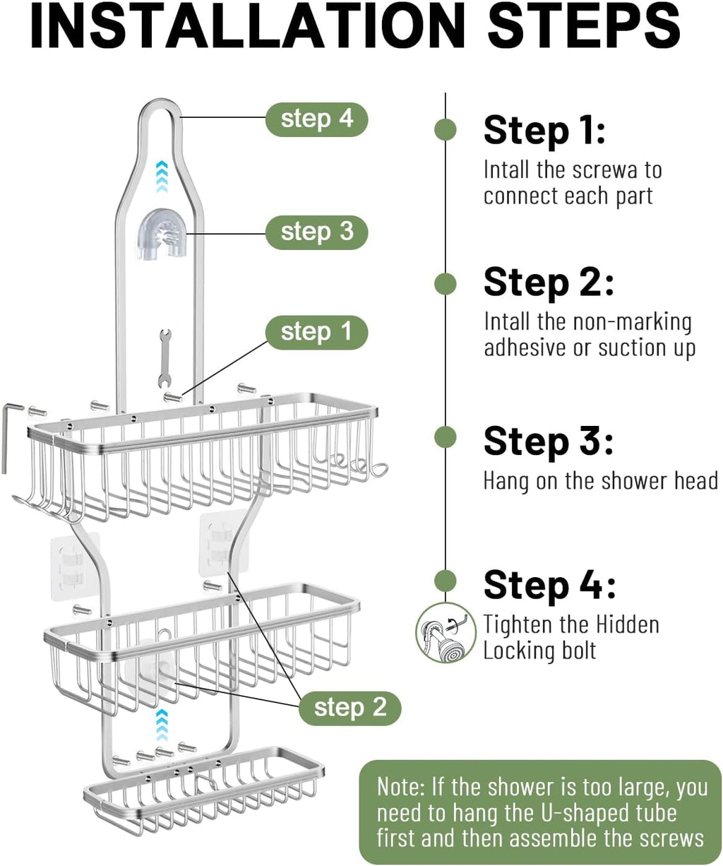 Regine Switzerland Shower Caddy - Rustproof Aluminum Overhead Organizer with 6 Hooks for Razors & Sponges | Silver