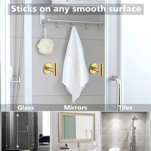Bntuk Adhesive Hooks - Stainless Steel Waterproof Towel Holders for Bathroom & Kitchen | 2 Pack, Gold