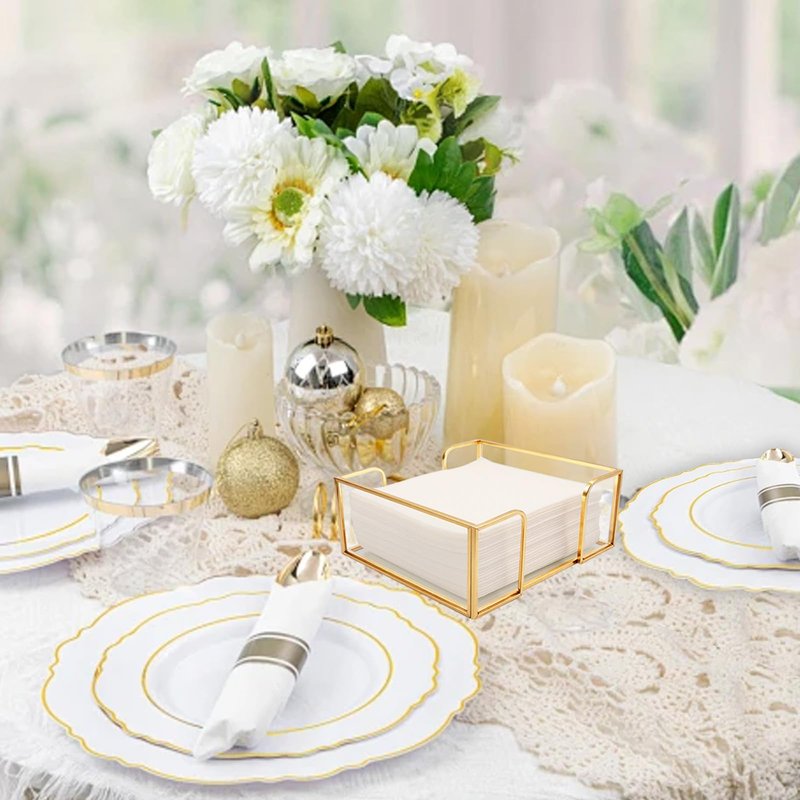 Shonmogar Cocktail Napkin Holder,Gold Square Napkin Holder Fit for 5”x5” Cocktail-Sized Napkins,Glass Napkin Holders for Kitchen Counter Table Party Bar Decor