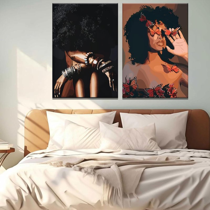 Framed Modern Abstract African American Women Wall Art (Set of 2), Canvas HD Print, Bohemian Black Girl with Energetic Butterfly Decor, Black Inspirational Contemplative Poster, Meditation Inspirational & Trendy Print, Living Room, Bedroom, Bathroom, Offi