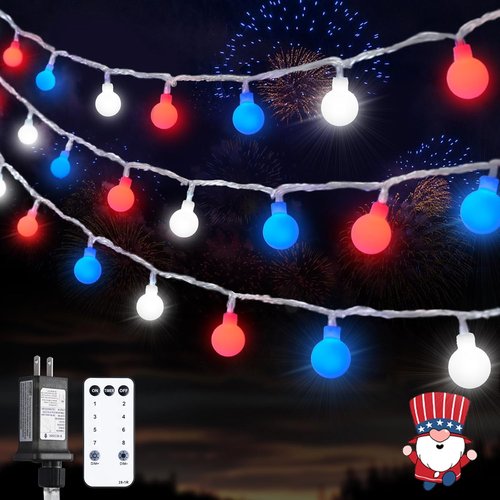 JMEXSUSS 100 LED Connectable Red, White, and Blue String Lights - 33ft Indoor/Outdoor Globe Lights with Remote for 4th of July Decor