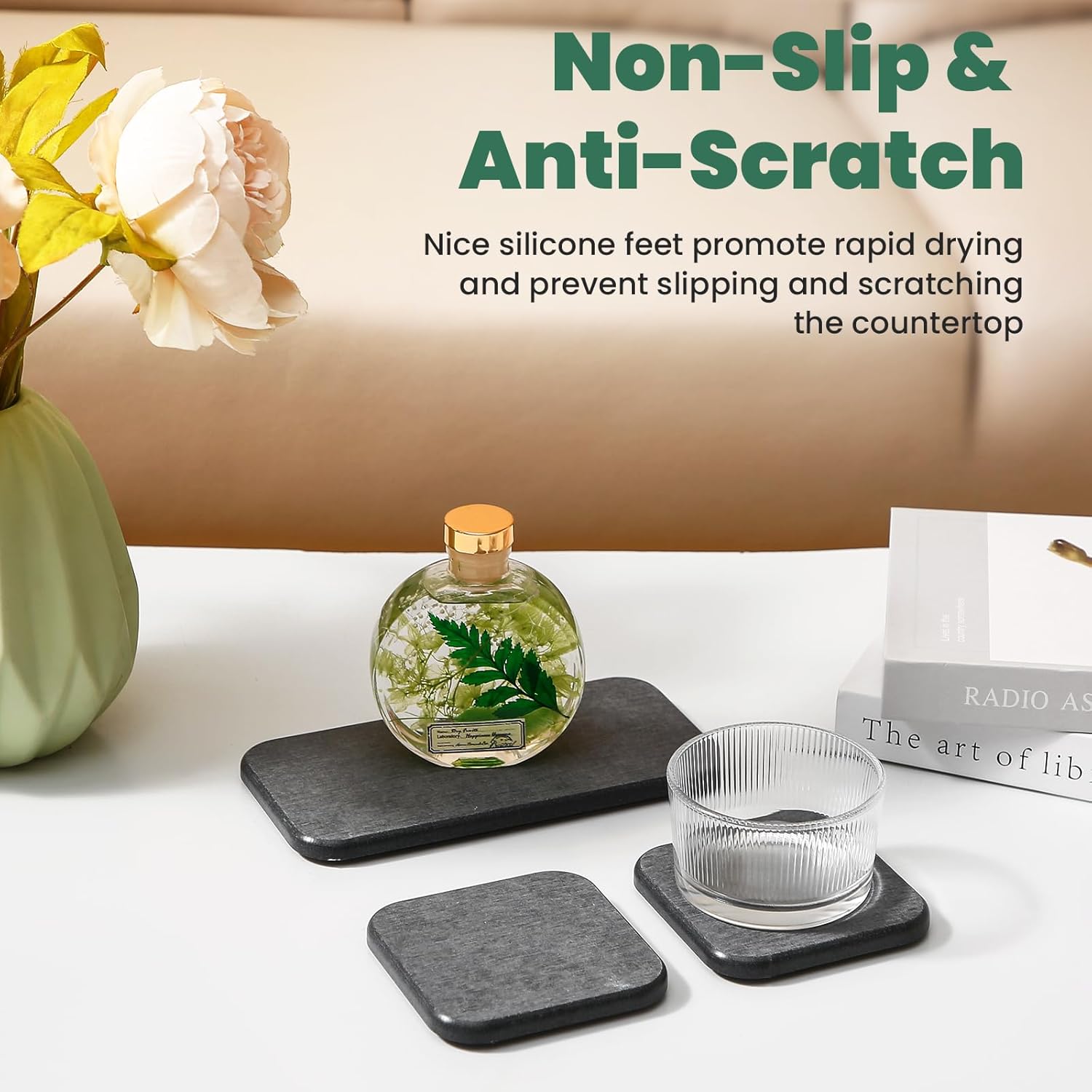 Skiennix Diatomaceous Earth Tray Set - Fast Drying Soap & Toothbrush Holders | 3-Piece Bathroom Counter Set