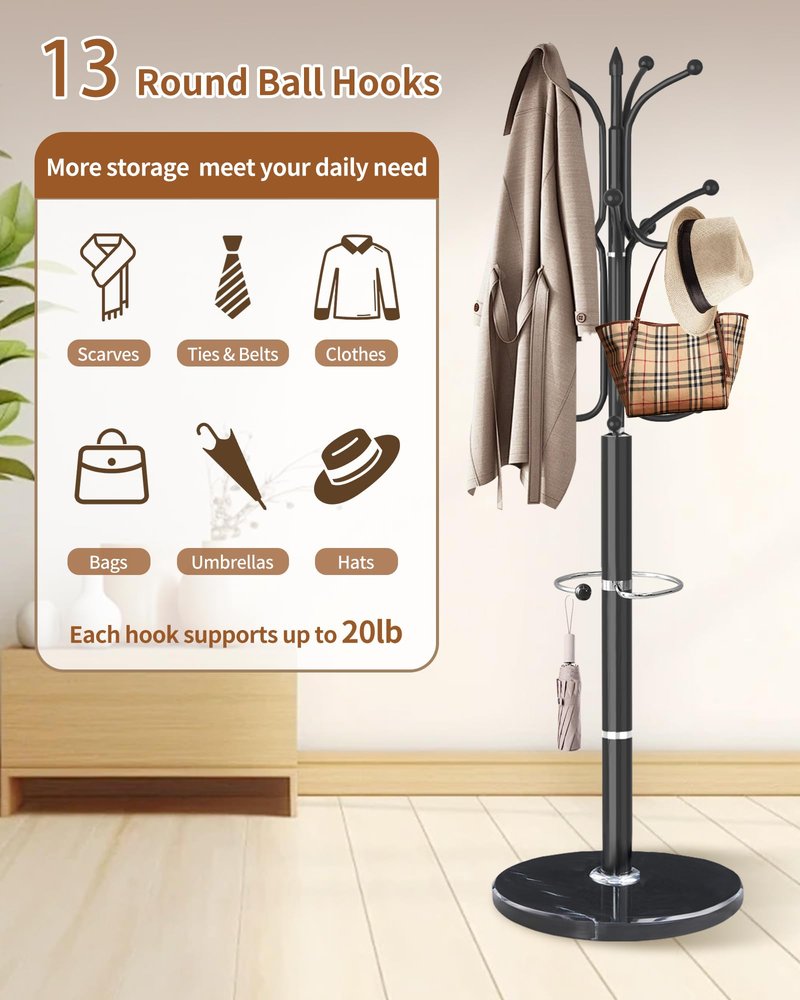 ZIECUKU Metal Coat Rack with Natural Marble Base, Coat Rack Stand with 12 Hooks & Umbrella Holder, Black Modern Freestanging Coat Racks, Coat Jacket Hanger Tree Stand for Corner Entryway Office