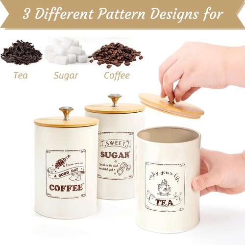 Youeon Metal Canisters Sets for the Kitchen, 25 Oz Coffee Sugar Tea Container Set, Farmhouse Style, Food Storage Containers with Lids for Countertop, Cabinet, Coffee Bar Decor, Beige