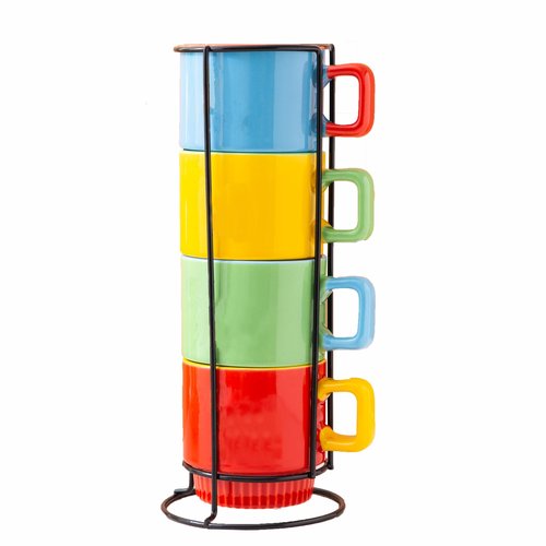 MECOWON 12 OZ Porcelain Stackable Mugs with Rack, Set of 4 Coffee Mugs for Coffee, Cocoa, Milk and Tea, Multicolor, Gift for Cozy, Holiday Gatherings