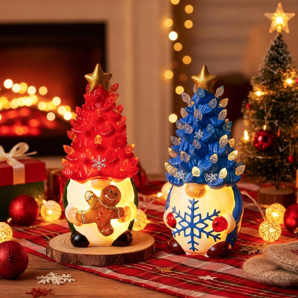 Riakrum Gnome Christmas Tree Decor - Lighted Gingerbread Man & Snowflakes | 6.5” Resin Winter Centerpieces