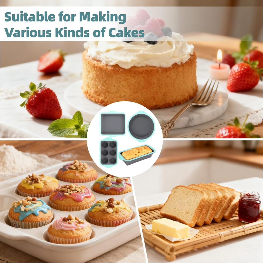 Skiennix Silicone Baking Pan Set - 4PCS Nonstick Stackable Pans with Grip Handles & Metal Reinforcement | Ideal for Muffins, Loaves, Cakes
