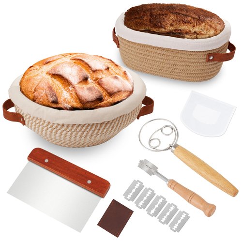 Banneton Bread Proofing Basket Set 9 Inch Round and 10 Inch Oval Sourdough Proofing Baske Bread Baking Supplies with Danish Whish Bowl Scraper Dough Scraper for Bread Making Baking Fermentation