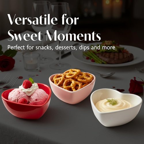 BIA Heart Dish Set - 3 Small Heart Shaped Stoneware Bowls for Snacks, Desserts & Dips | 6 oz Each