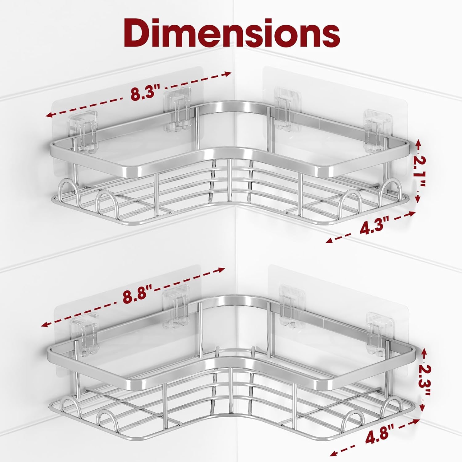 Sakugi Corner Shower Caddy - Rustproof Stainless Steel Organizers with 8 Hooks | No-Drill, Space-Saving Design, Silver, 2 Pack