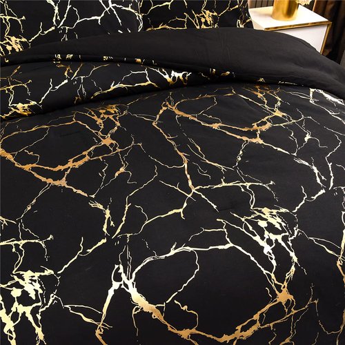 Holawakaka Gold Metallic Marble Comforter Set King Size Foil Print Glitter Bedding Sets,Black/Gold,King