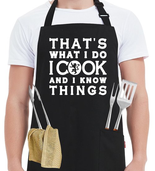Kaidouma Funny Grilling Aprons for Men - That's What I Do I Cook and I Know Things - Men’s Adjustable Chef Cooking BBQ Grill Aprons with 2 Pockets and 40” Long Ties