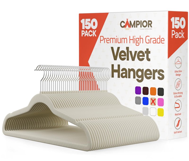 Ivory Velvet Hangers 150 Pack – 360° Swivel Hook, Non-Slip and Space Saving Hangers, Heavy-Duty 11 lbs Weight Capacity - Smooth Velvet Finish for Crease-Free Clothes and Effortless Closet Organization