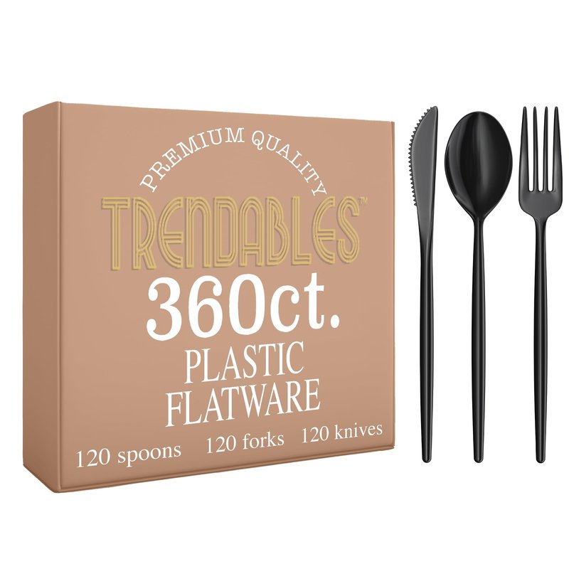 Trendables Black Plastic Silverware Set Black Silverware Disposable Forks and Spoons Disposable 360 Pack Plastic Utensils Set Includes 3 x 120 each Knives & Spoons & Forks For Parties and Events