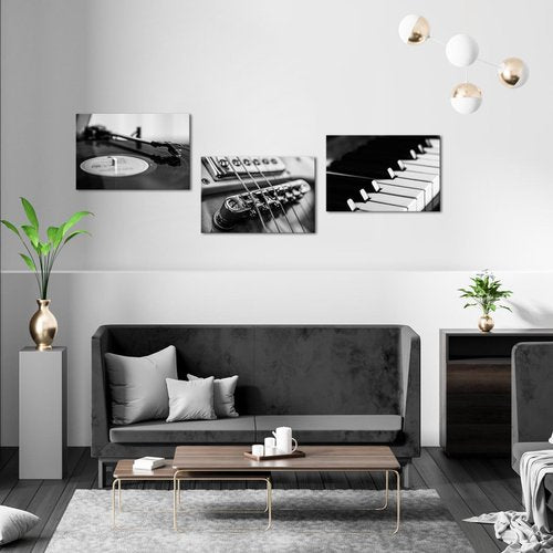 AoArtWZ Music Canvas Wall Art Guitar Piano Vinyl Record Picture Prints Black and White Instrument Poster Artwork for Home Living Room Bedroom Modern Decor Framed (16" x 24" x 3Pcs)