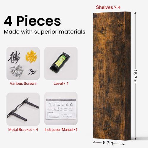 BAYKA Floating Wall Shelves - Rustic Wood Design for Home Decor | 15.7in, Set of 4, 22lbs Capacity