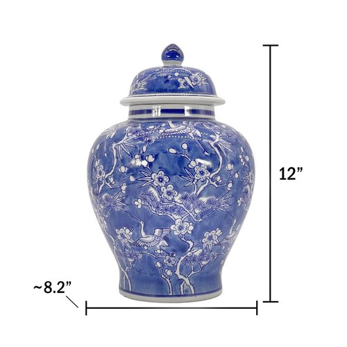 Galt International Blue & White Floral Crane Chinoiserie Jar 12" w/Lid - Ginger Jar, Tea Storage, Decorative, Home Decor Jar