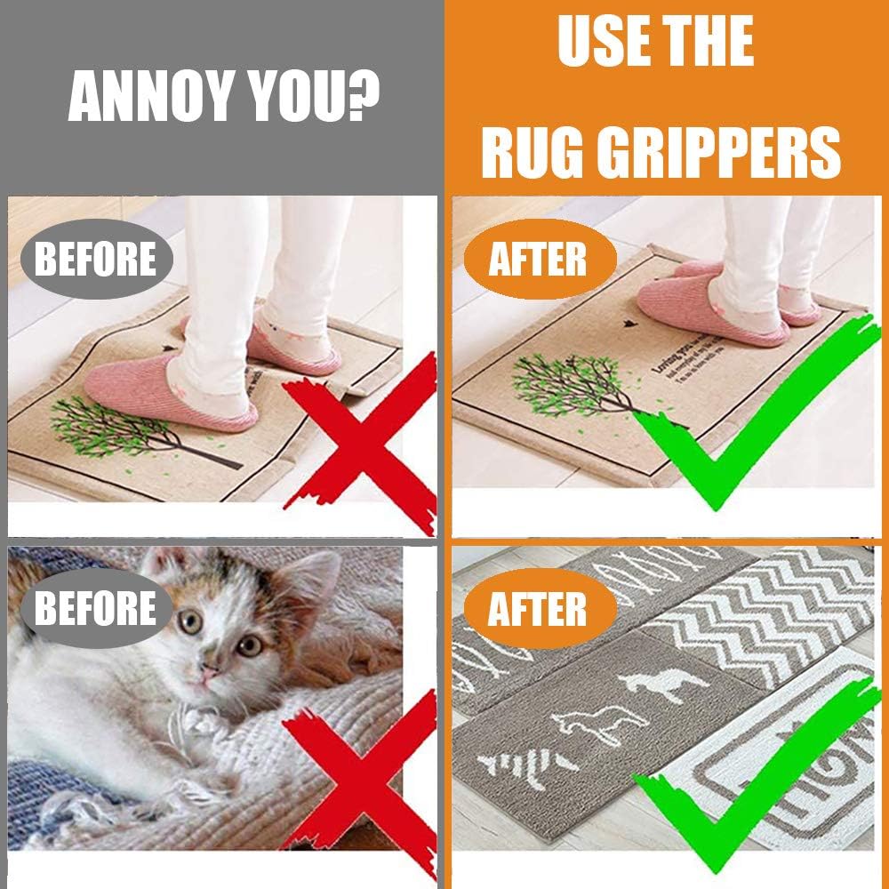 Skiennix Rug Grippers - Super Sticky Anti-Curling Carpet Tape | Non-Slip 8-Piece Set (Black)