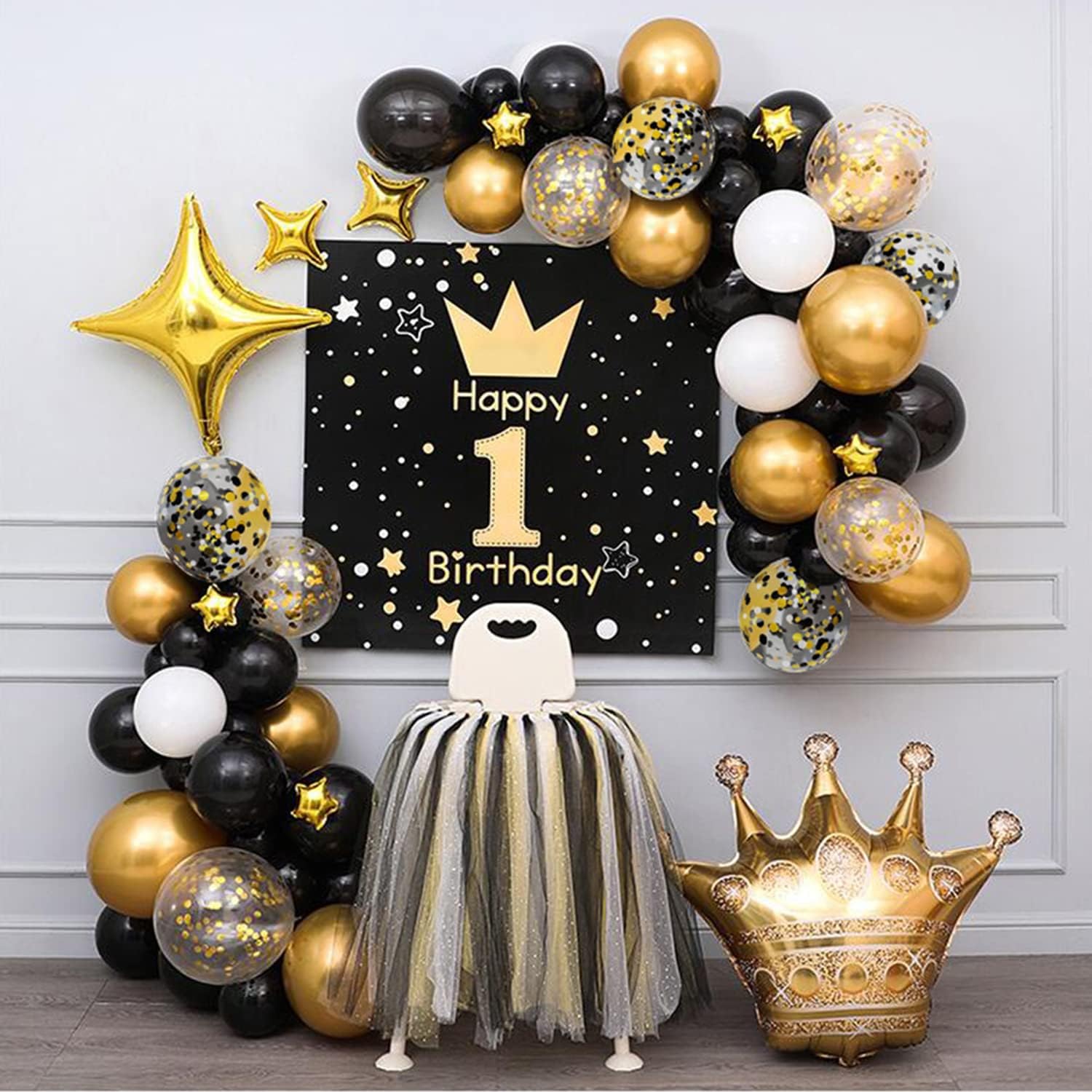 Zesliwy Black Gold Confetti Balloons - 50 Pack of 12-Inch Gold, White & Black Balloons for Celebrations