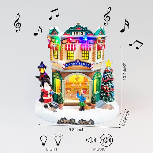 Moments In Time LED Musical Candy Store - 10.3” Light Up Christmas Village Scene | Plays 8 Classic Songs, Battery Operated Holiday Décor Gift