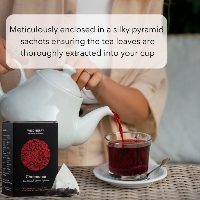 Ceremonie Wild Berry Herbal Fruit Infusion Tea - Full-Bodied, Sweet & Fruity - Caffeine Free with Hibiscus & Wild Berries - Bright Red Hue - 2-3 Minutes Steep Time - 20 Transparent Pyramid Sachet