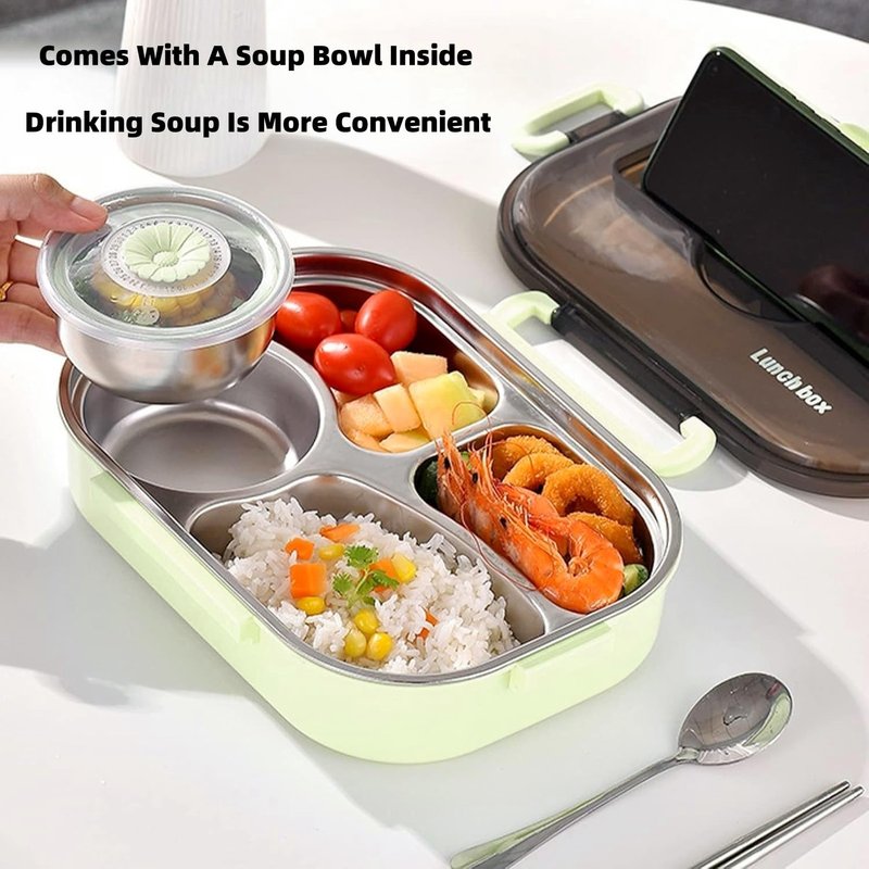 Insulated Lunch Boxes with a separate soup bowl,Stainless Steel Bento Box with Lid,4‑Grid Portable Box with Spoons,Chopsticks and Lunch Bag,Leakproof Lunchbox Set for Work Travel Camping (Green, 1.5L)