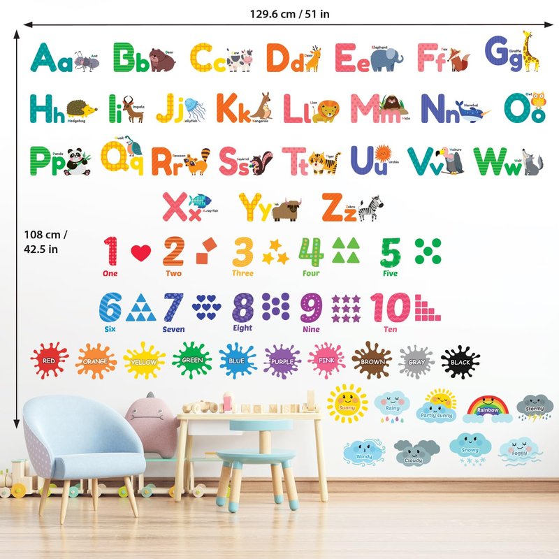 DECOWALL DS12-8070N Animal Alphabet Numbers Colour Weather Kids Wall Stickers Decals playroom Letters Decor Bedroom ABC Nursery Classroom Toddlers Learning Educational Baby Rainbow Colorful