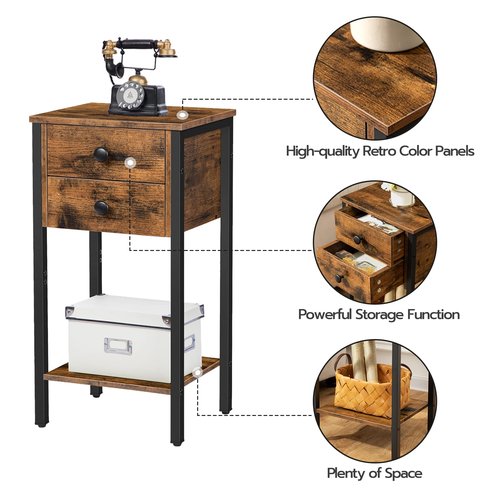 HOOBRO Tall Nightstand, End Table with 2 Drawers and Storage Shelf, Industrial Telephone Side Table for Study, Bedroom, Space Saving, Easy Assembly, Rustic Brown and Black BF72BZ01