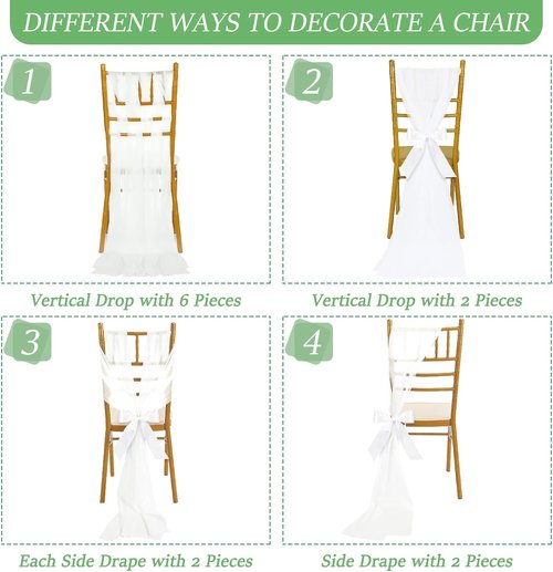 HunnmingRe 24 Sets Wedding Aisle Chair Decor - White Chair Sashes with Ribbons & Tulle for Ceremonies