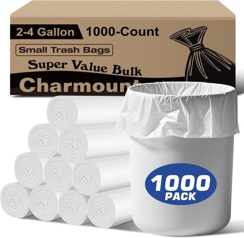 Charmount Small Trash Bags - 2-4 Gallon, 1000 Count, Unscented White Plastic Wastebasket Liners