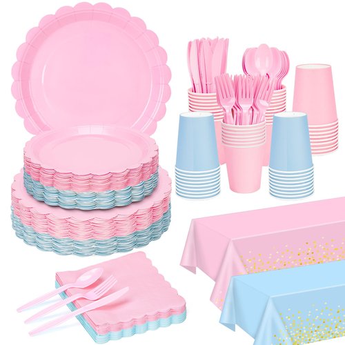352 Pcs Gender Reveal Plates and Napkins, Boy or Girl Gender Reveal Party Supplies Include Pink and Blue Plates Napkin Cup Plastic Spoon Fork Knive for Baby Shower Birthday Decor Supplies, Serves 50